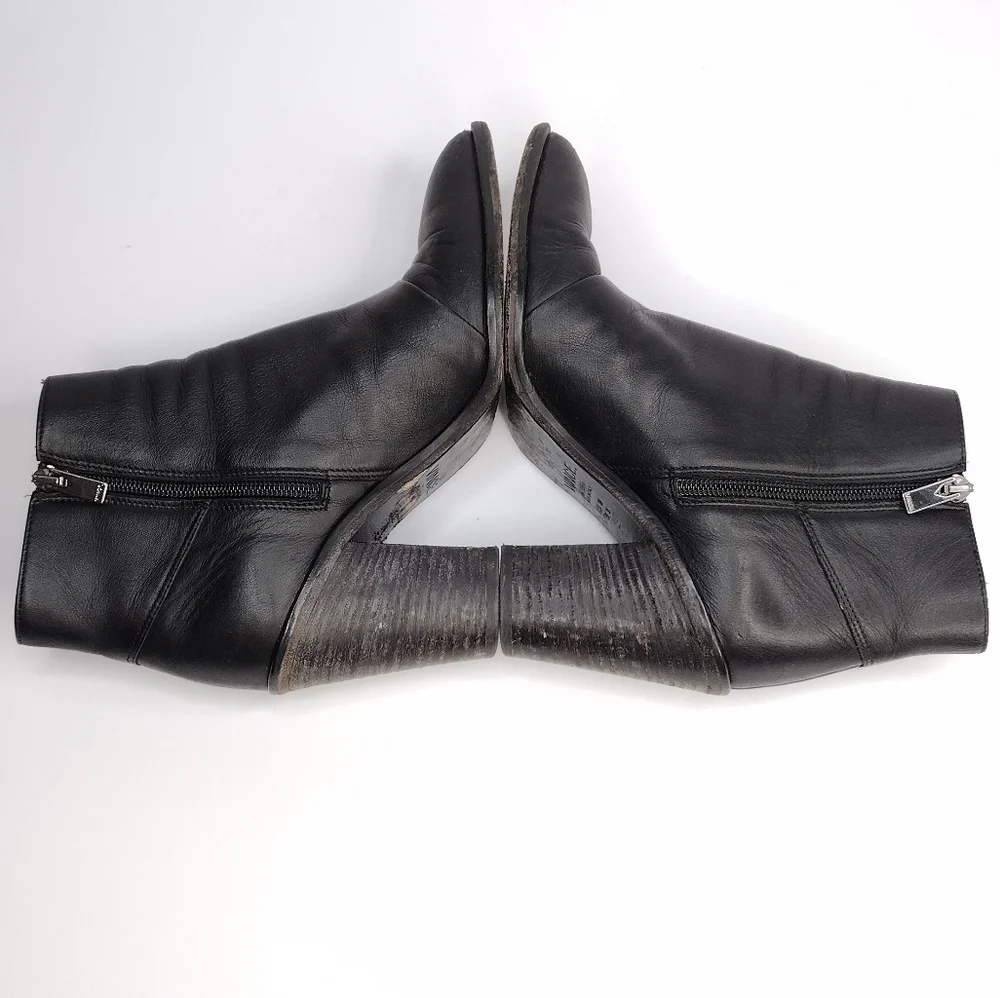Vince Women's Black Leather Side Zipper Pointed Toe Stacked Heeled Ankle Boots